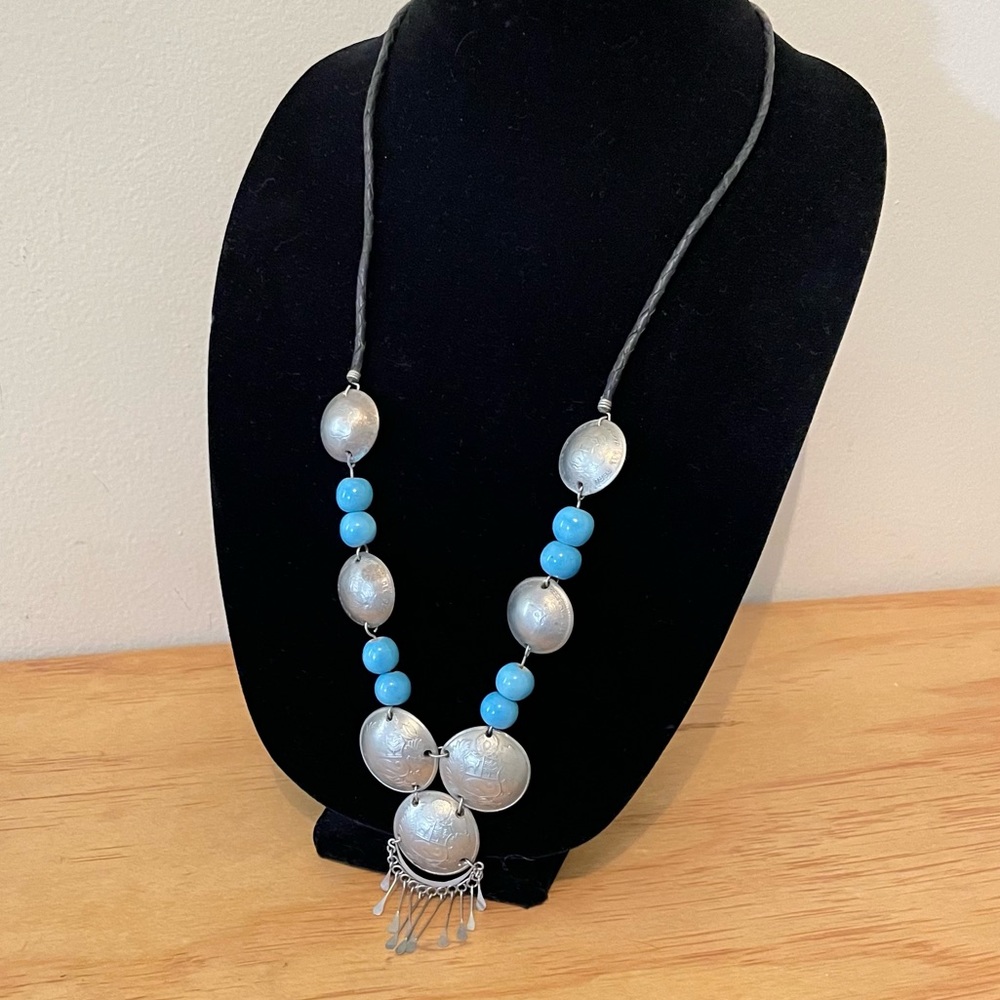 Vintage Peru Peruvian coin necklace silver tone blue beads boho braided